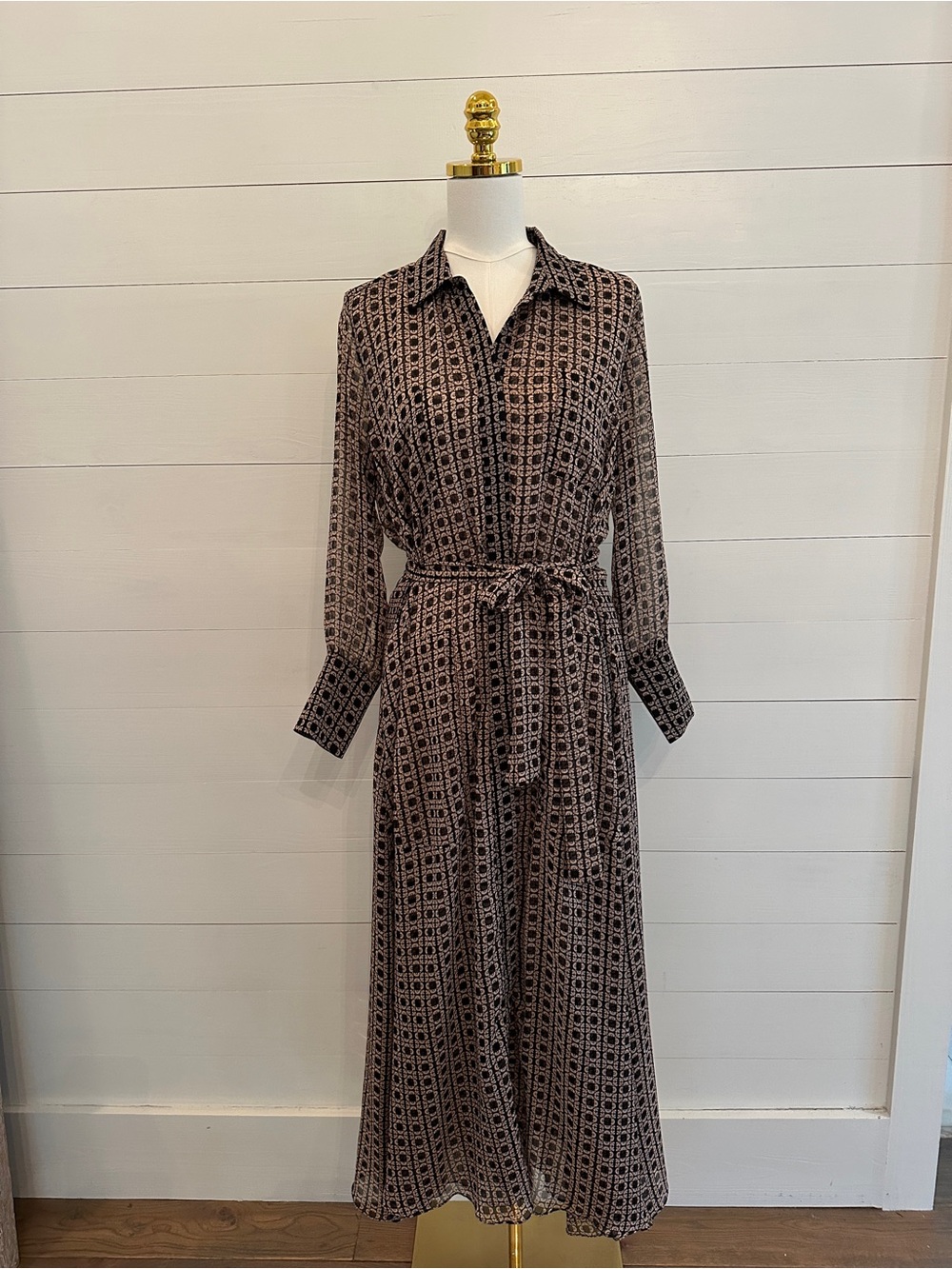 Misa Los Angeles Geometric Print Shirt Dress with Tie Waist - Black and Cream